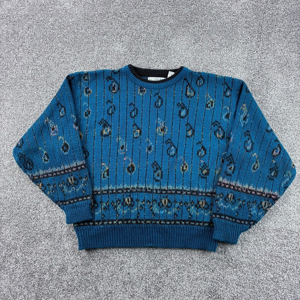 Vintage Y2K Saturdays Sweater Mens XL Blue Abstract Retro Acrylic Knit‎ Chunky